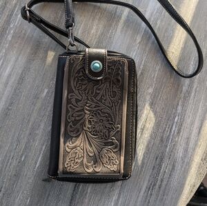 Black and Tan Embossed Crossbody Wallet